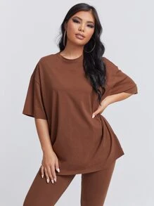 SHEIN SXY Solid Drop Shoulder Tee & Leggings - Coffee Brown - View 3