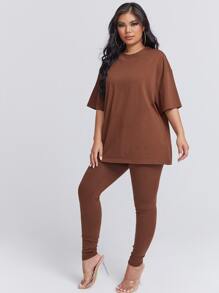 SHEIN SXY Solid Drop Shoulder Tee & Leggings - Coffee Brown - View 5