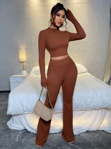 SHEIN SXY 素色短款T恤和高腰長褲套裝 - 棕色 - 查看 1