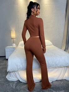 SHEIN SXY 素色短款T恤和高腰長褲套裝 - 棕色 - 查看 2