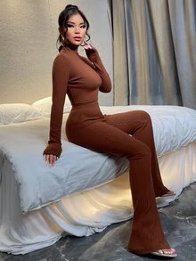 SHEIN SXY 素色短款T恤和高腰長褲套裝 - 棕色 - 查看 3