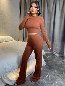 SHEIN SXY 素色短款T恤和高腰長褲套裝 - 棕色 - 查看 4