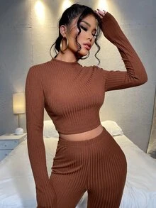 SHEIN SXY 素色短款T恤和高腰長褲套裝 - 棕色 - 查看 5