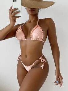 Conjunto de bikini triangular con puntos suizos y volantes, para vacaciones de verano en la playa - Rosa coral - Ver 3