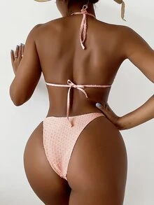 Conjunto de bikini triangular con puntos suizos y volantes, para vacaciones de verano en la playa - Rosa coral - Ver 4