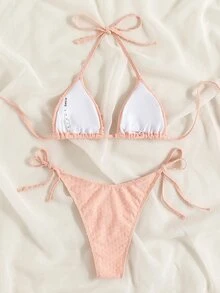 Conjunto de bikini triangular con puntos suizos y volantes, para vacaciones de verano en la playa - Rosa coral - Ver 2