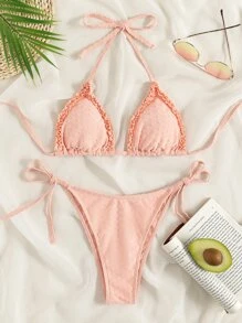 Conjunto de bikini triangular con puntos suizos y volantes, para vacaciones de verano en la playa - Rosa coral - Ver 1
