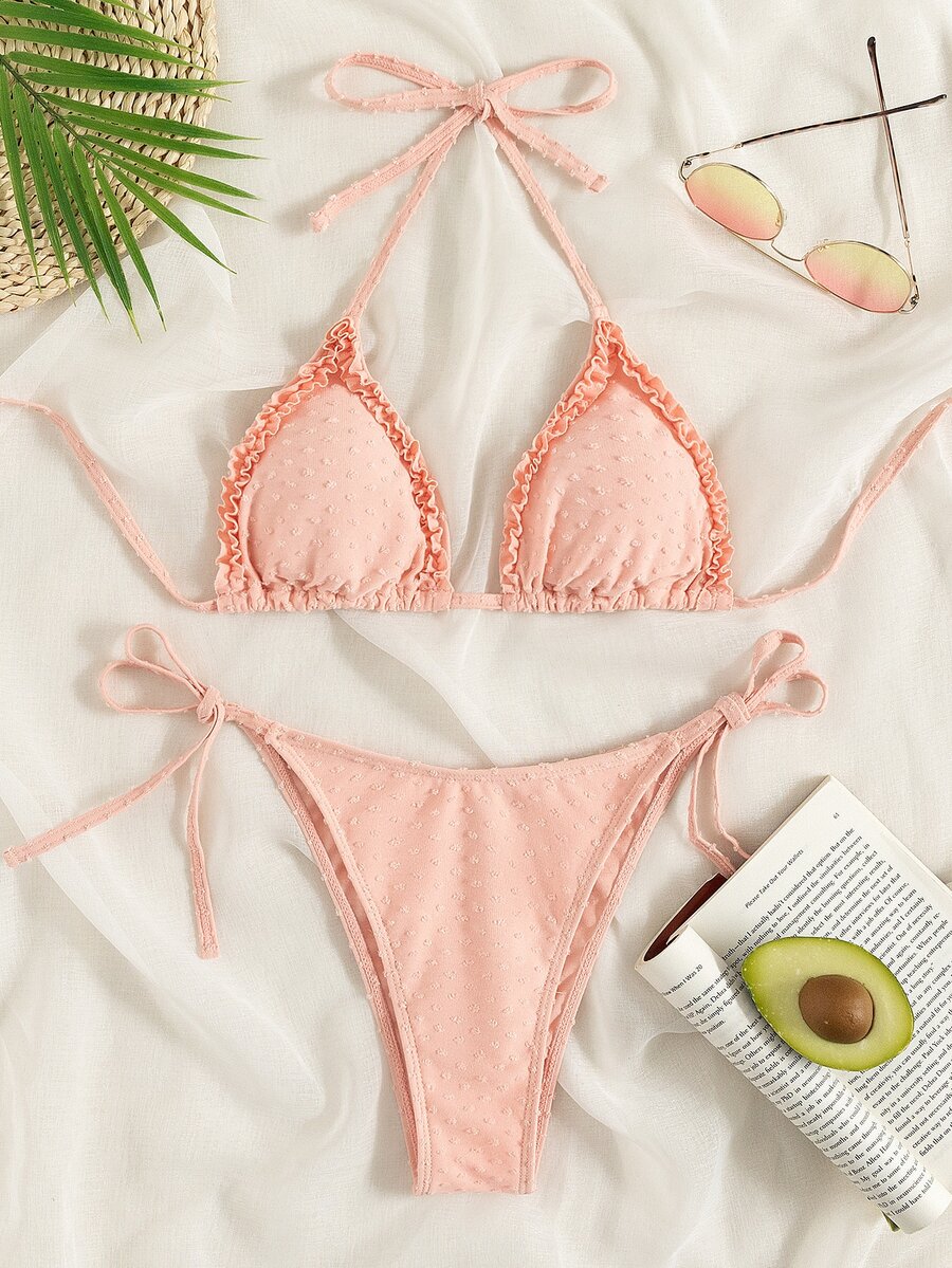Conjunto de bikini triangular con puntos suizos y volantes, para vacaciones de verano en la playa - Rosa coral - Ver 1