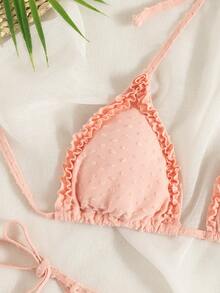 Conjunto de bikini triangular con puntos suizos y volantes, para vacaciones de verano en la playa - Rosa coral - Ver 5