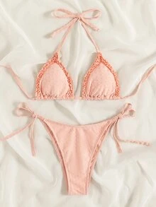 Conjunto de bikini triangular con puntos suizos y volantes, para vacaciones de verano en la playa - Rosa coral - Ver 7