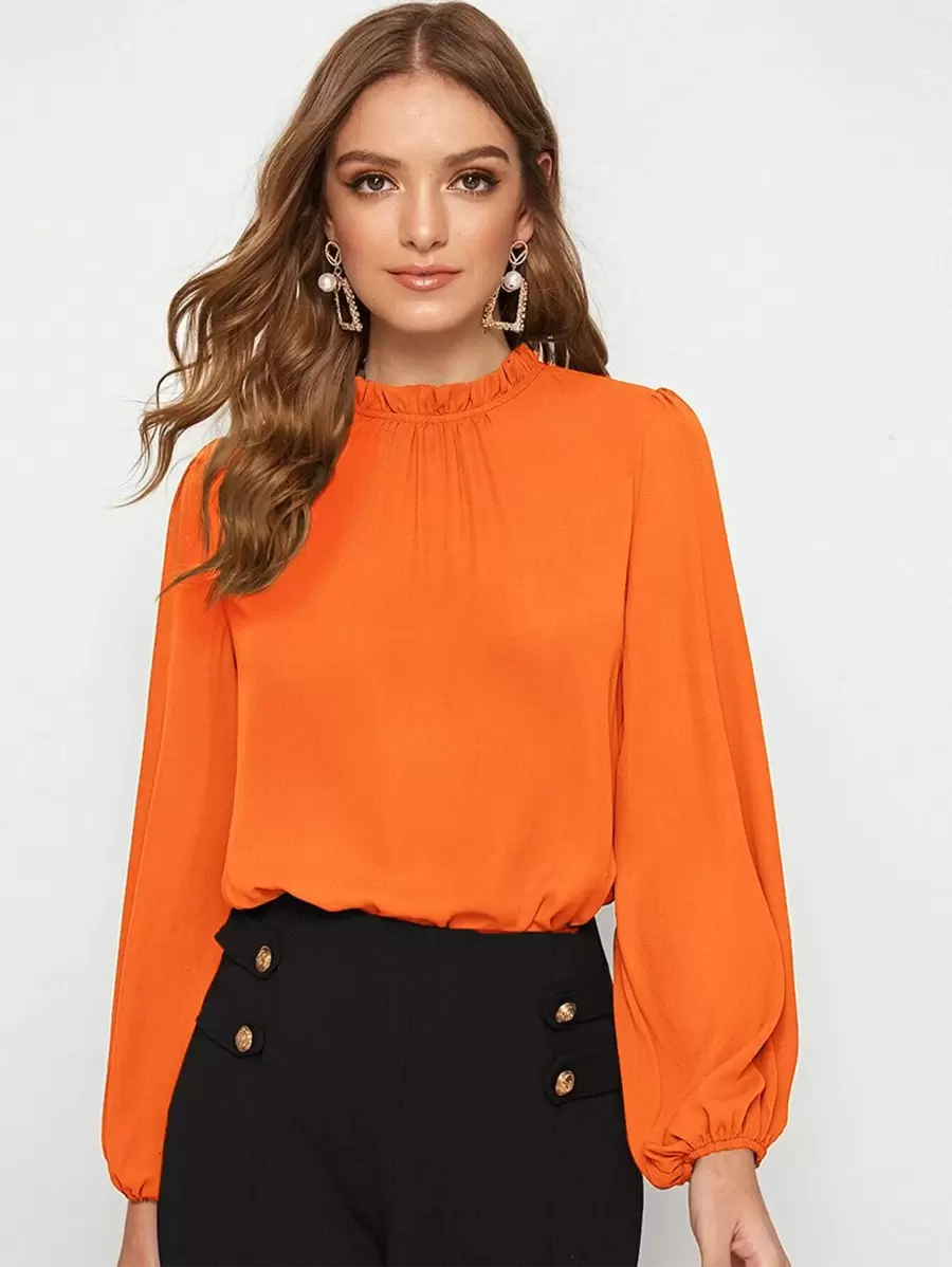 SHEIN Clasi Frilled Neck Lantern Sleeve Top