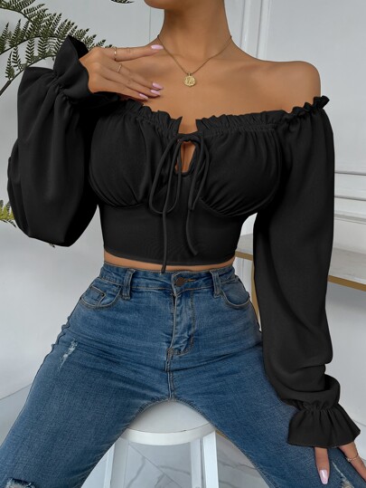 Top à plis manches cloche à ruchés