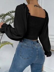 SHEIN Privé 褶邊鐘形袖胸部褶皺女僕風上衣