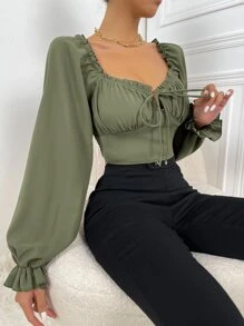 SHEIN Privé Frill Trim Bell Sleeve Ruched Bust Milkmaid Top - Army Green - View 3