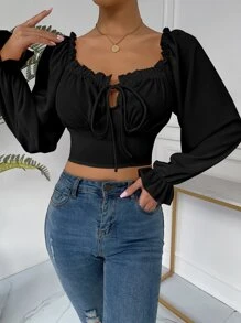 SHEIN Privé 褶邊鐘形袖胸部褶皺女僕風上衣