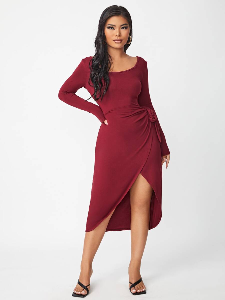 SHEIN 側打結圍裹連衣裙 - 酒紅色 - 查看 1