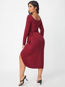 SHEIN 側打結圍裹連衣裙 - 酒紅色 - 查看 2