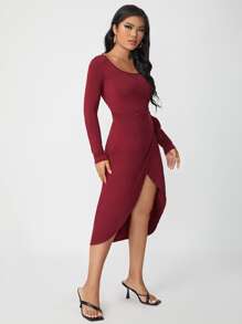 SHEIN 側打結圍裹連衣裙 - 酒紅色 - 查看 3