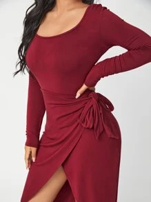 SHEIN 側打結圍裹連衣裙 - 酒紅色 - 查看 4