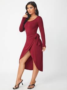 SHEIN 側打結圍裹連衣裙 - 酒紅色 - 查看 5