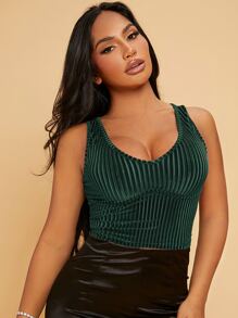 SHEIN SXY Rib-knit Velvet Tank Top - Dark Green - View 5