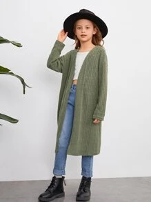 SHEIN Girls Drop Shoulder Open Front Coat - Army Green - View 1