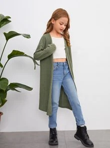 SHEIN Girls Drop Shoulder Open Front Coat - Army Green - View 3