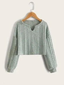 SHEIN Tween Girl Casual Long Sleeve Notched V-Neck Lantern Sleeve T-Shirt - Mint Green - View 1