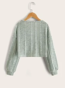 SHEIN Tween Girl Casual Long Sleeve Notched V-Neck Lantern Sleeve T-Shirt - Mint Green - View 2