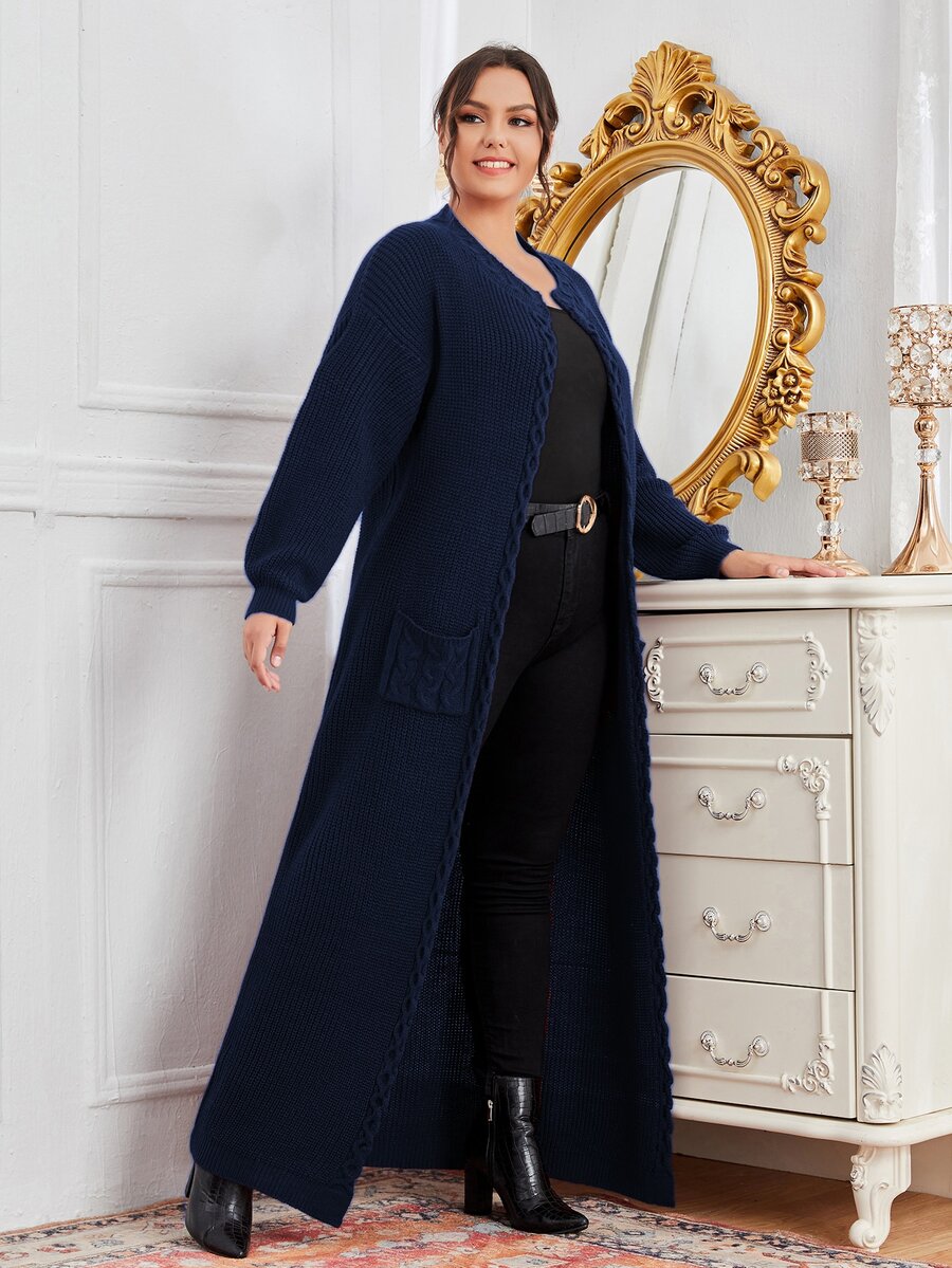 大碼素色口袋開襟衫 - 藏蓝色 - 查看 1