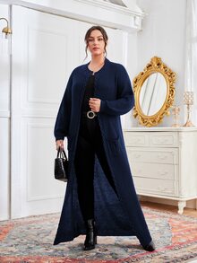 大碼素色口袋開襟衫 - 藏蓝色 - 查看 3