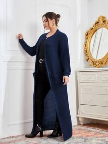 大碼素色口袋開襟衫 - 藏蓝色 - 查看 4