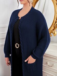 大碼素色口袋開襟衫 - 藏蓝色 - 查看 5