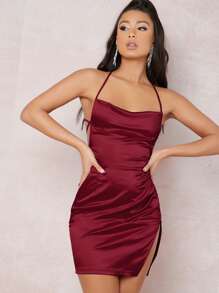 SHEIN BAE Lace Up Backless Split Thigh Side Dress - Burgundy - View 2