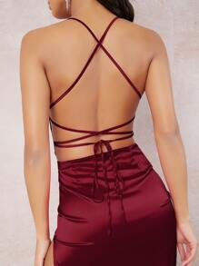 SHEIN BAE Lace Up Backless Split Thigh Side Dress - Burgundy - View 3