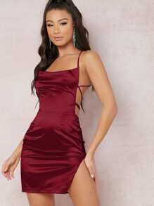SHEIN BAE Lace Up Backless Split Thigh Side Dress - Burgundy - View 4