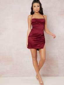 SHEIN BAE Lace Up Backless Split Thigh Side Dress - Burgundy - View 5