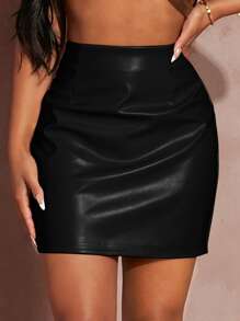 SHEIN Privé High Waist PU Leather Bodycon Skirt - Black - View 5