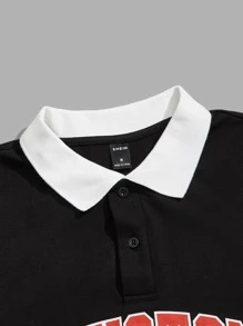 Manfinity VCAY Áo thun có cổ Nam Nút phía trước Lá thư Sẵn sàng - màu đen - Xem 3