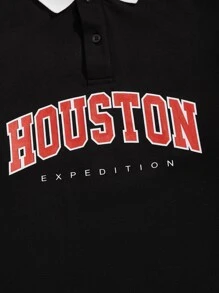 Manfinity VCAY Áo thun có cổ Nam Nút phía trước Lá thư Sẵn sàng - màu đen - Xem 4