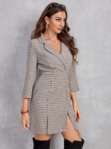 SHEIN Plaid Lapel Collar Split Hem Fake Button Wool-Mix Dress - Multicolor - View 5