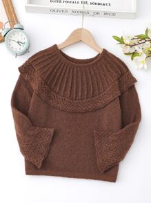 Girls Chevron Knit Flounce Sleeve Jumper - Coffee Brown - View 1