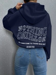 SHEIN Unity Slogan Graphic Drop Shoulder Hoodie - Navy Blue - View 1