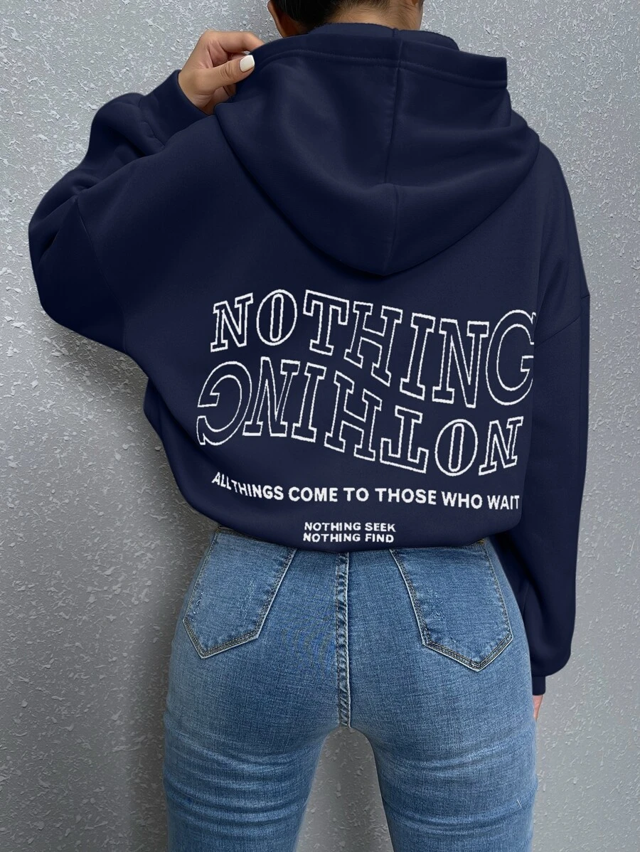 SHEIN Unity Slogan Graphic Drop Shoulder Hoodie - Navy Blue - View 1