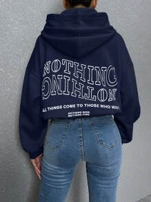 SHEIN Unity Slogan Graphic Drop Shoulder Hoodie - Navy Blue - View 5