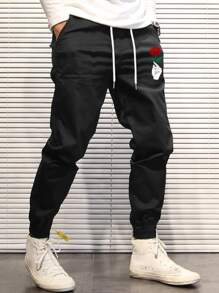 Manfinity Hypemode 男士手勢和印花腰部抽繩長褲 - 黑色 - 查看 4