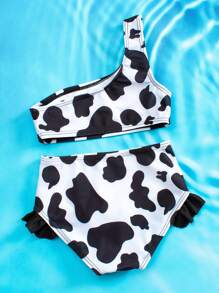 SHEIN 女婴奶牛图案荷叶边沙滩装 夏日海滩 - 彩色 - 查看 2