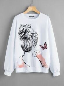 SHEIN LUNE Figure And Butterfly Print Sweatshirt - White - View 1
