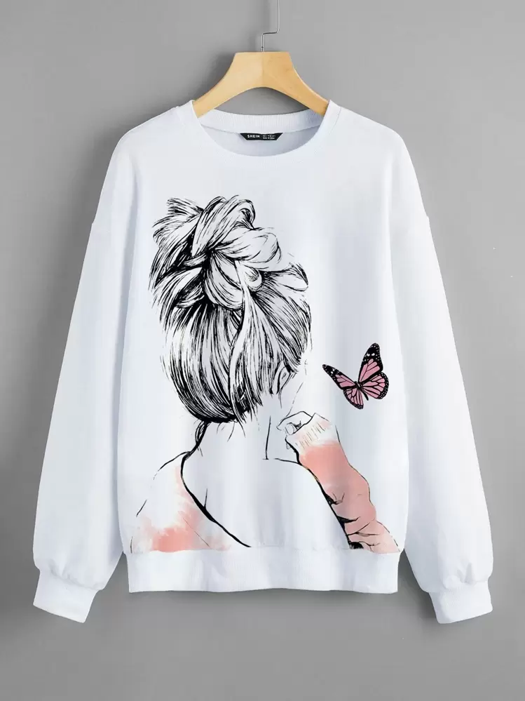 SHEIN LUNE Sudadera con estampado de figura y mariposa - Blanco - Ver 1
