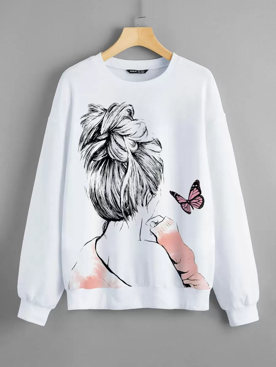 SHEIN LUNE Figure And Butterfly Print Sweatshirt - White - View 1